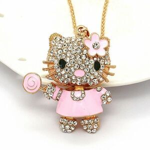 Crystal Pink Enamel Lollipop Flower Cat Kitten Necklace NWOT
